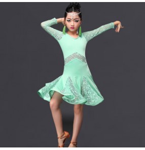 Mint green royal blue fuchsia hot pink long sleeves lace patchwork fashion girls kids children stage performance ballroom latin dance outfits dresses